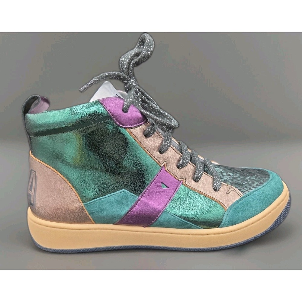 Vaddia Felix High Top Sneakers Green Metallic Snakeskin Suede EU 40 US 9 - Picture 3 of 9